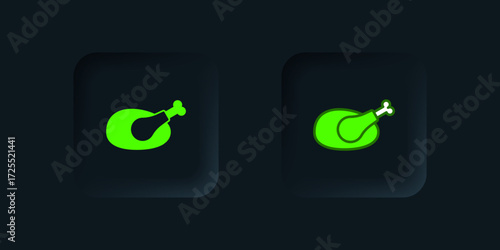 Green Roasted turkey or chicken icon isolated on black background. Black square button. Vector