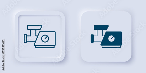 Filled and outline Kitchen meat grinder icon isolated on grey background. Square button. Vector