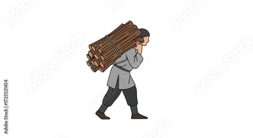 Illustration showcasing a determined woodcutter burdened with a substantial load of timber on a stark white background representing labor and