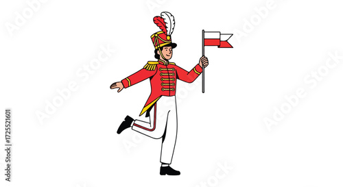 Festive cartoon illustration of a uniformed figure proudly holding a national flag with joy and enthusiasm on a clean white background