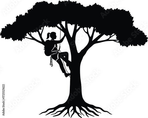 Arborist climbing tree, worker silhouette, tree maintenance, forestry safety, rope climbing, arboriculture, outdoor labor, professional tree care, pruning service, arborist