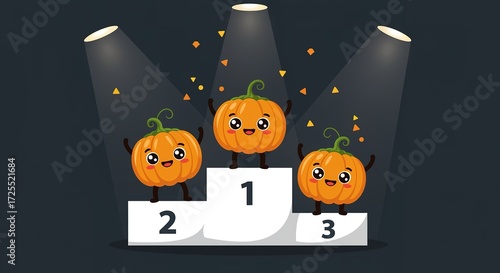 Three Cute Pumpkins on Winners Podium halloween autumn fall cartoon character celebration award prize happy smiling vegetable orange