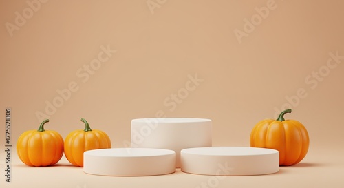 Three Pumpkins and White Cylindrical Platforms on Beige Background autumn fall harvest halloween october cylinders podium display