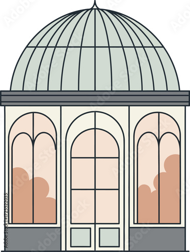 Elegant glass conservatory dome structure architectural design building facade with arched windows and doors isolated on transparent background