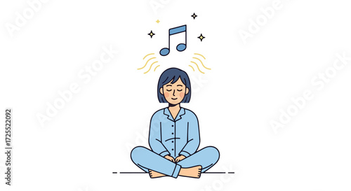 Tranquil moment: Peaceful woman meditating with musical notes creating a serene and calm atmosphere evoking inner harmony and relaxation through the