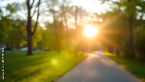 Sunlit park pathway surrounded by greenery during golden hour, creating a peaceful scene.