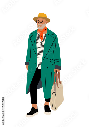 Flat vector illustration of stylish senior man in modern autumn clothes, full length, wearing coat and hat, holding shopper bag, isolated on transparent background.