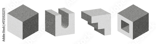 Exploring three-dimensional geometric shapes in a grainy stipple style with light gray tones on a white background