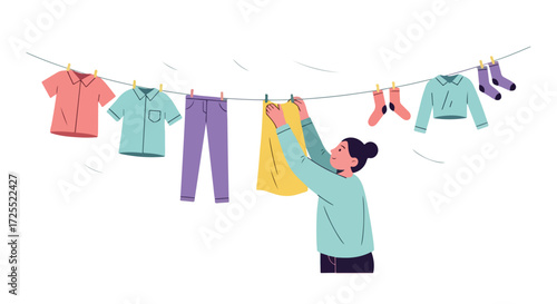 Illustration depicting a woman hanging freshly washed clothes on a clothesline to dry outdoor airing process simple life concept