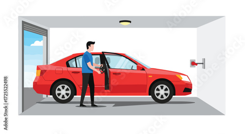 Illustration of a man entering a red car parked inside a well-lit garage ready to go for a drive representing everyday transport routine