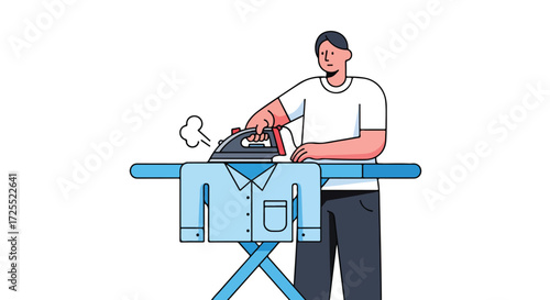 Illustrative portrayal of a male figure diligently ironing a light blue shirt with precision and focus  creating a clean and wrinkle-free result