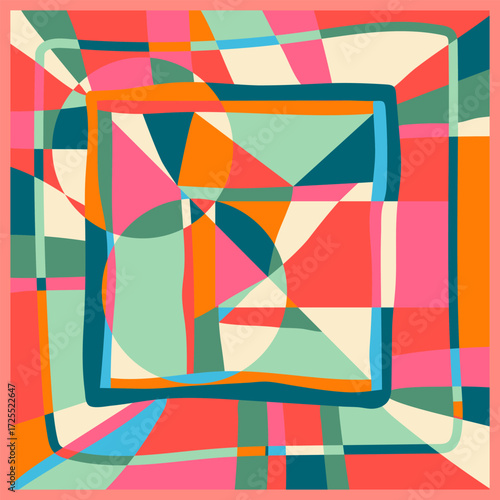 Trendy vibrant bold color abstract fashionable geometric style silk scarf, bandana, foulard, hijab blocks, curves, lines and dynamic shapes print graphic design. Vector illustration red, pink, orange