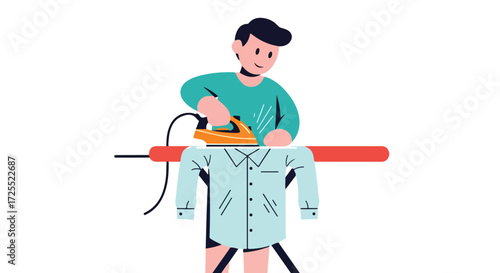 Cartoon illustration showcasing a young man ironing a shirt on an ironing board, emphasizing domesticity and garment care, with a clean, minimalist