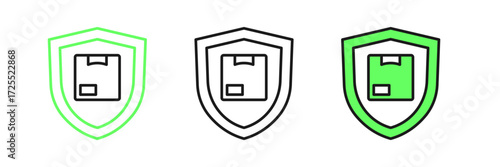 Free Download Set line Delivery security with shield icon isolated on white background. Delivery insurance. Insured cardboard boxes beyond the shield. Vector - GFXLoad