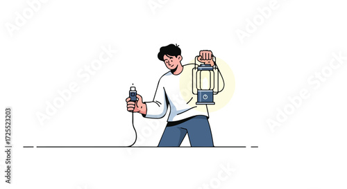 Conceptual illustration of a man using a lantern and an outlet, symbolizing the shift from old to new technology while exploring new alternatives