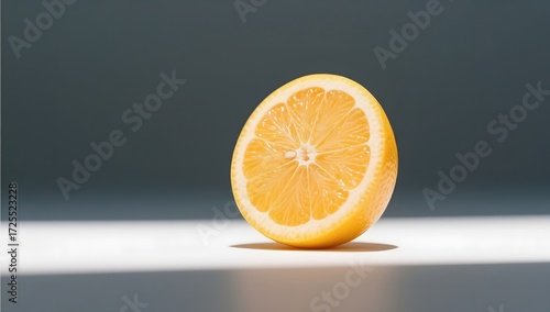 Fresh Lemon Slice on Grey Background with Soft Shadows and Light