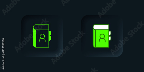 Green Phone book icon isolated on black background. Address book. Telephone directory. Black square button. Vector