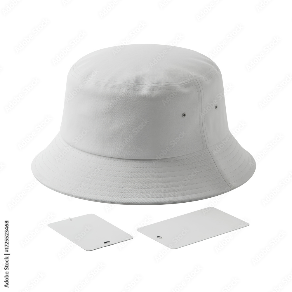 Fototapeta premium A new, clean, transparent smooth textile bucket hat with stitching and an unbranded white paper tag, isolated on a transparent background, perfect product presentation concept.