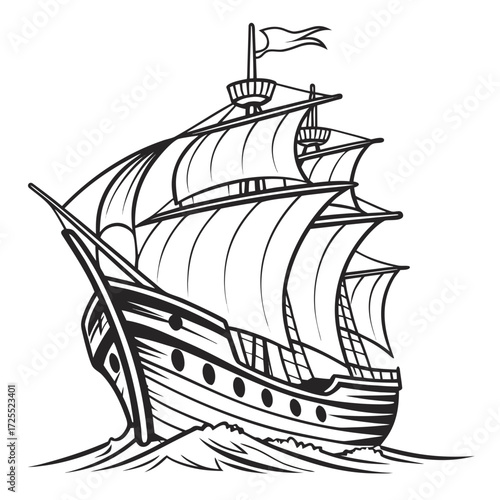 A majestic black and white illustration of a classic sailing ship with full sails navigating through choppy ocean waves