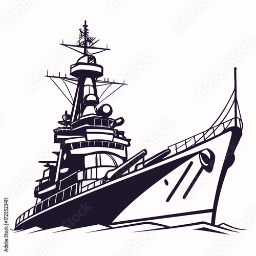 A powerful warship with large guns sails through the ocean waves in a stylized illustration