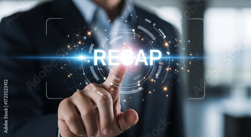 Hand pointing at the word RECAP illuminated on a futuristic digital display recap summary