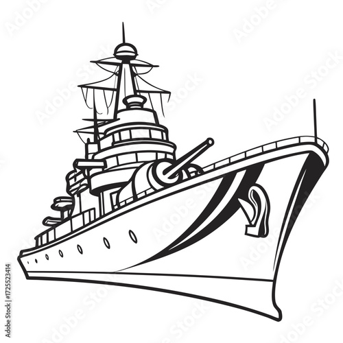 A stylized black and white illustration of a powerful warship with large guns and an anchor at the bow