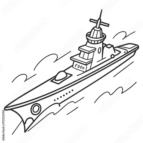 A stylized black and white line drawing of a modern warship sailing through choppy waters with a clear sky above