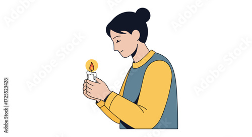 Woman holding a candle, contemplating its warm glow during a moment of peaceful reflection, expressing inner thought and serenity in a softly