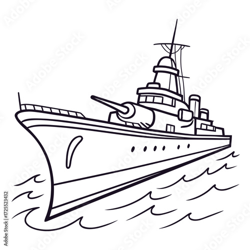 A stylized black and white line drawing of a powerful warship sailing through choppy ocean waves