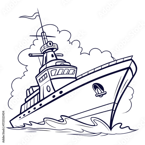 A stylized cartoon outline drawing of a large ship sailing through choppy blue waves with clouds in the background