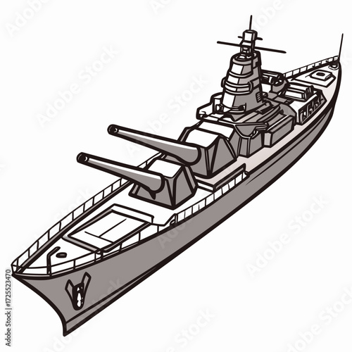 A stylized illustration of a powerful gray battleship with large cannons and detailed superstructure against a white background