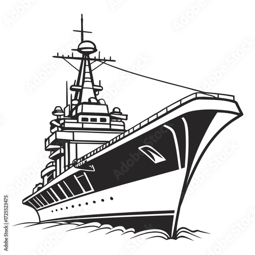 Bold black and white illustration of a modern warship sailing through stylized waves on a clear day