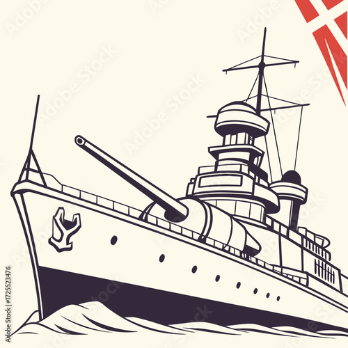 A vintage style illustration of a powerful warship sailing through the ocean waves with a flag in the corner