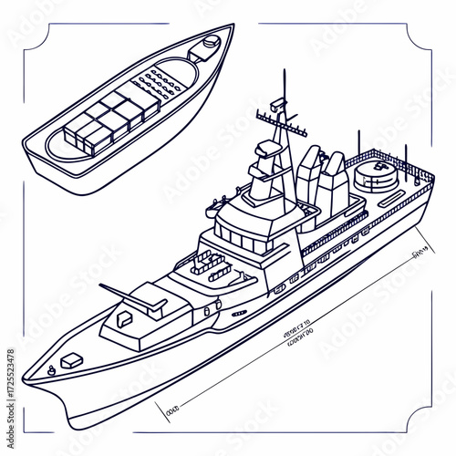 Detailed blueprint line art illustration of a modern warship and a cargo ship loaded with containers