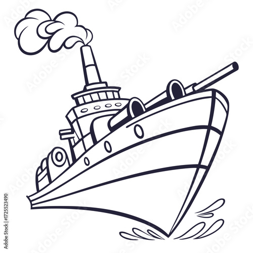 Cartoon style illustration of a black and white warship with smoke coming from its funnel sailing through water