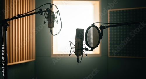 Two microphones on stands in a recording studio, lit by a window