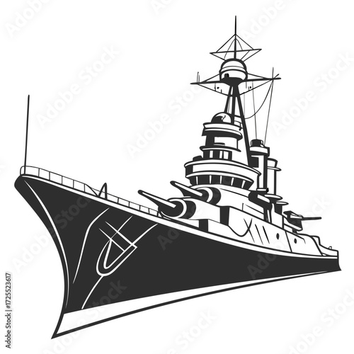 Monochromatic illustration of a powerful historical battleship with large guns and a prominent mast on a white background