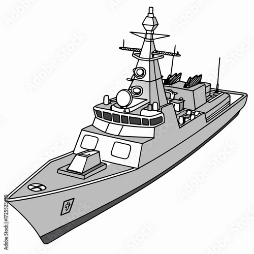 Modern warship vessel with radar and missile launchers depicted in a clean vector illustration style