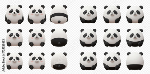 A collection of fifteen stylized panda bear illustrations, some facing forward, others showing their backs.