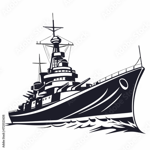 Powerful warship with multiple cannons sailing through choppy water in a striking silhouette style
