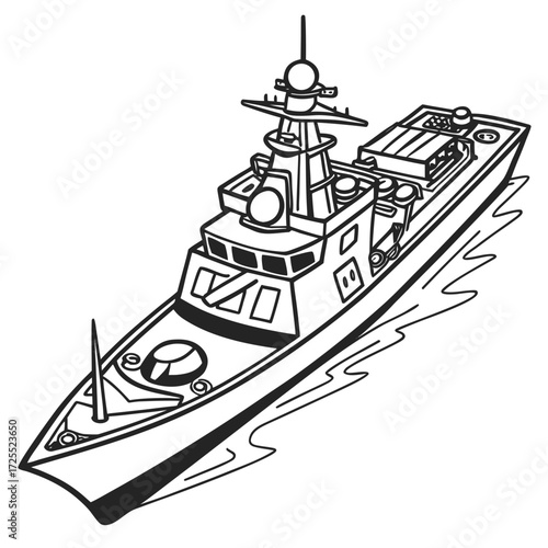 Stylized black and white illustration of a modern naval warship sailing through wavy water on a white background