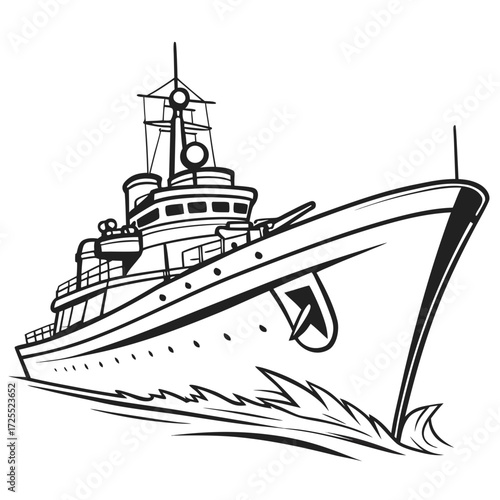 Stylized black and white illustration of a modern warship sailing through choppy waters with a prominent bow
