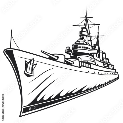 Stylized black and white illustration of a powerful warship sailing through choppy waters with its cannons ready