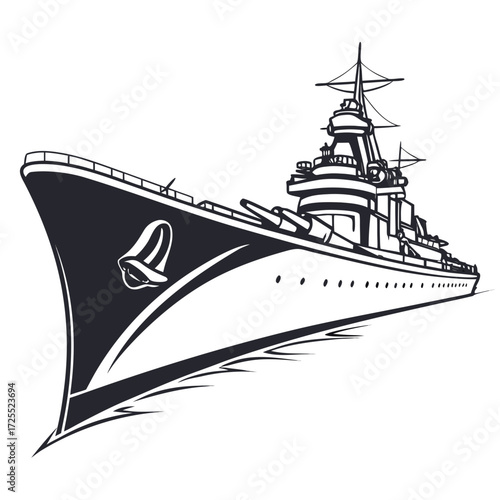 Stylized black and white illustration of a powerful warship with cannons and a prominent bell on its bow