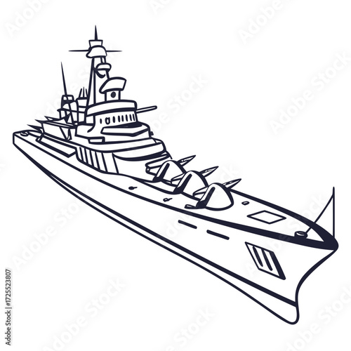 Stylized line art illustration of a modern warship with missile launchers and a prominent command tower