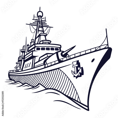 Stylized illustration of a powerful warship sailing through choppy blue ocean waves with an anchor emblem
