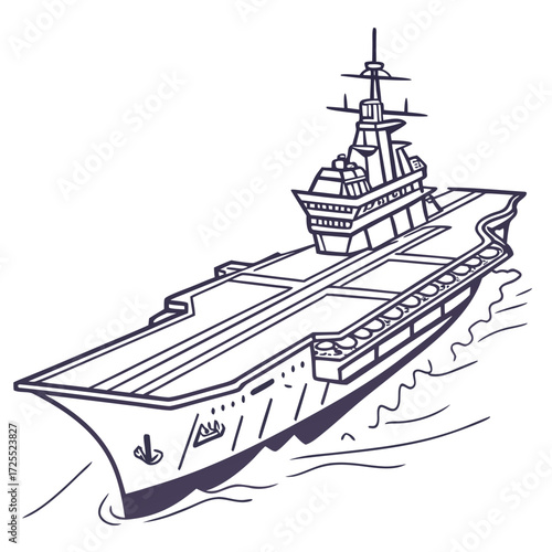Stylized line art illustration of a modern aircraft carrier sailing on wavy water surface