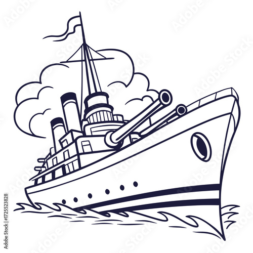 Stylized outline drawing of a powerful warship with large cannons sailing through choppy waves and emitting smoke