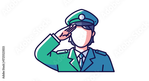 Stylized illustration of a saluting uniformed officer offering respect and honor in a digital art style with simple clean lines and bold colors