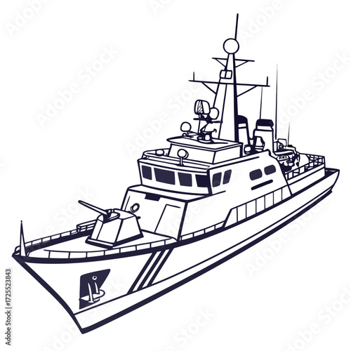 Stylized outline drawing of a modern patrol boat with a gun turret and anchor ready for naval operations